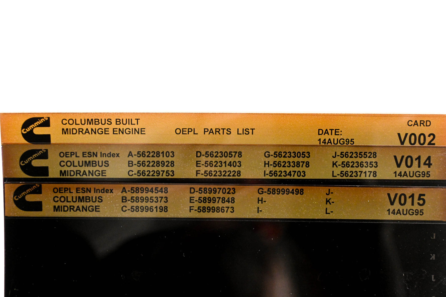 Cummins V002, V014, V015 1995 Columbus Midrange OEPL Parts List & ESN Index Lot Of 3 Microfiche NOS
