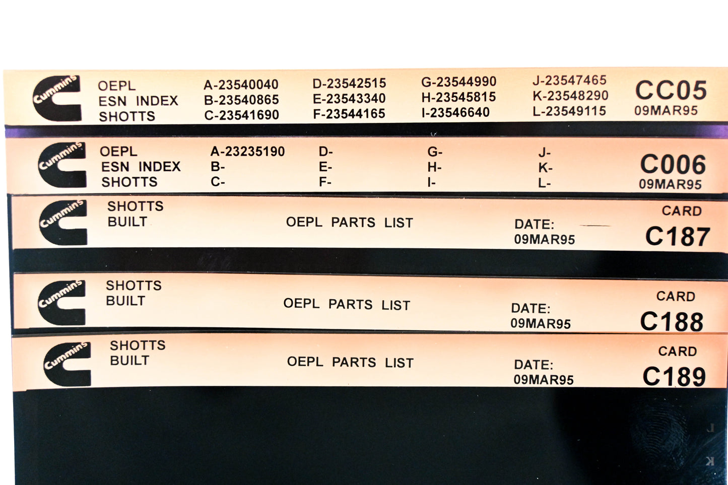 Cummins CC05, C006, C189 1995 Shotts OEPL Parts List & ESN Index Lot of 5 Microfiche NOS