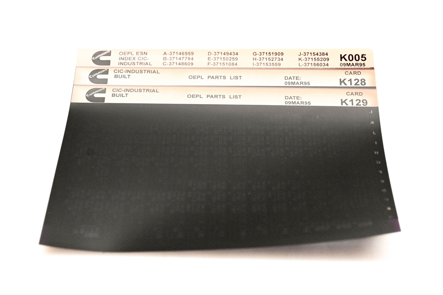 Cummins K005, K128, K129 1995 CIC Industrial OEPL Parts List & ESN Index Lot of 3 Microfiche NOS