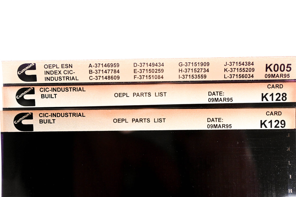 Cummins K005, K128, K129 1995 CIC Industrial OEPL Parts List & ESN Index Lot of 3 Microfiche NOS