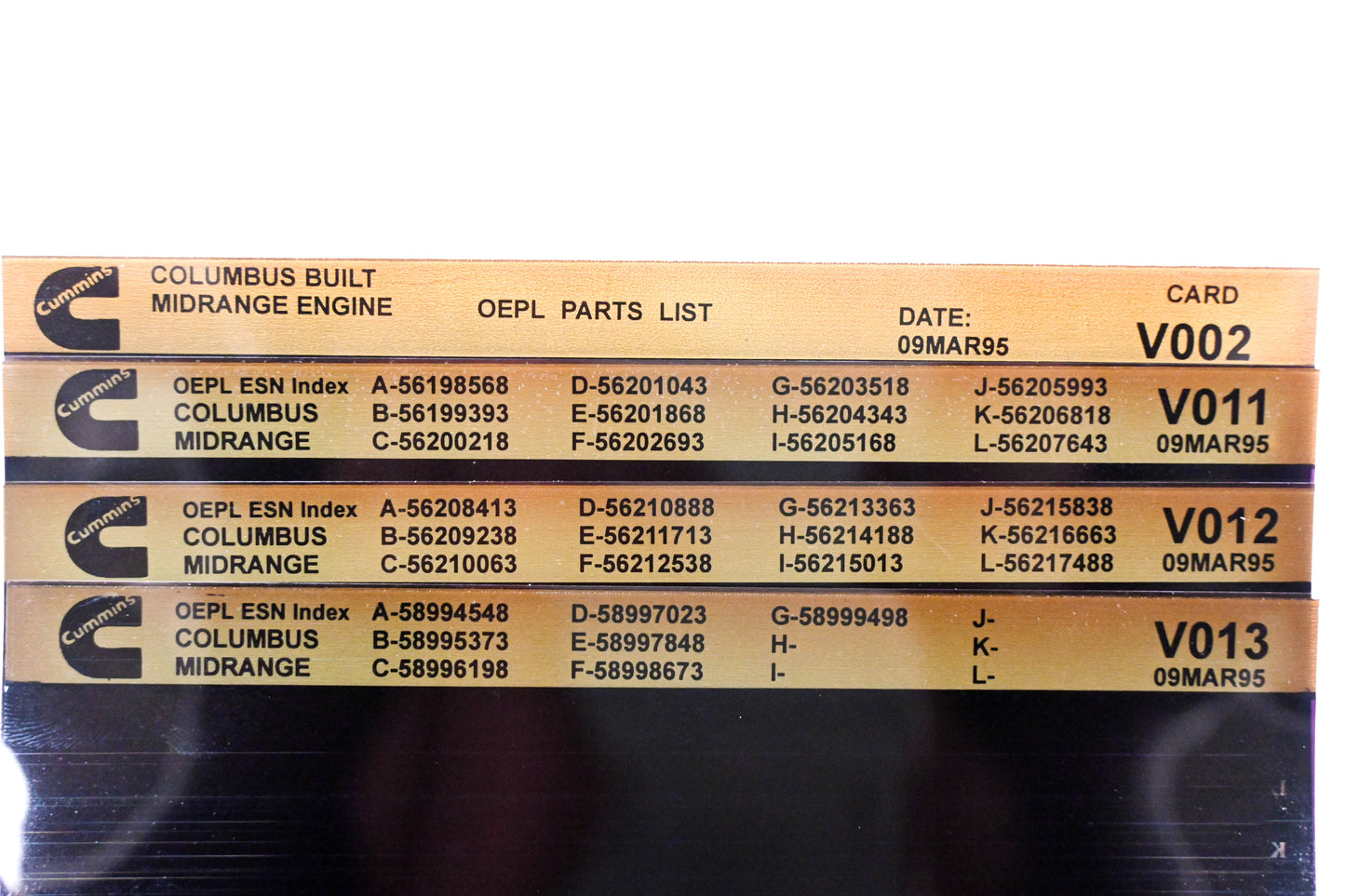 Cummins V002, V011, V013 1995 Columbus Midrange OEPL Parts List & ESN Index Lot Of 4 Microfiche NOS