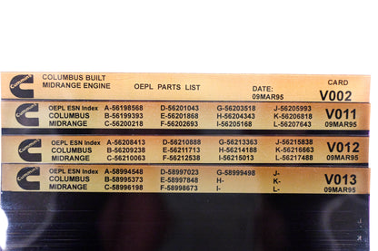 Cummins V002, V011, V013 1995 Columbus Midrange OEPL Parts List & ESN Index Lot Of 4 Microfiche NOS