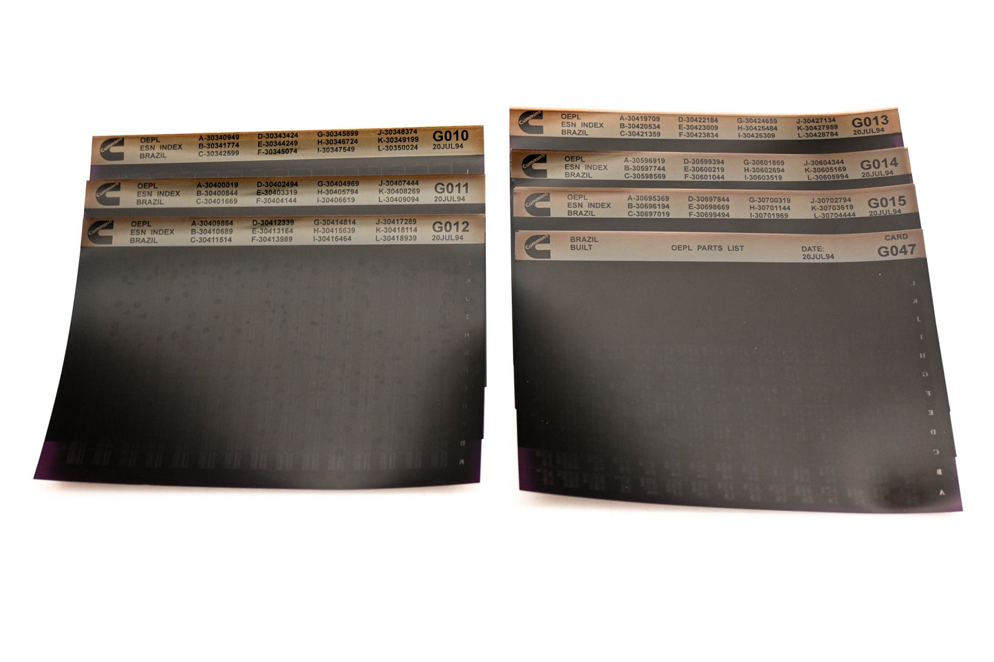 Cummins G010, G015, G047 1994 Brazil OEPL Parts List & ESN Index Lot Of 7 Microfiche NOS