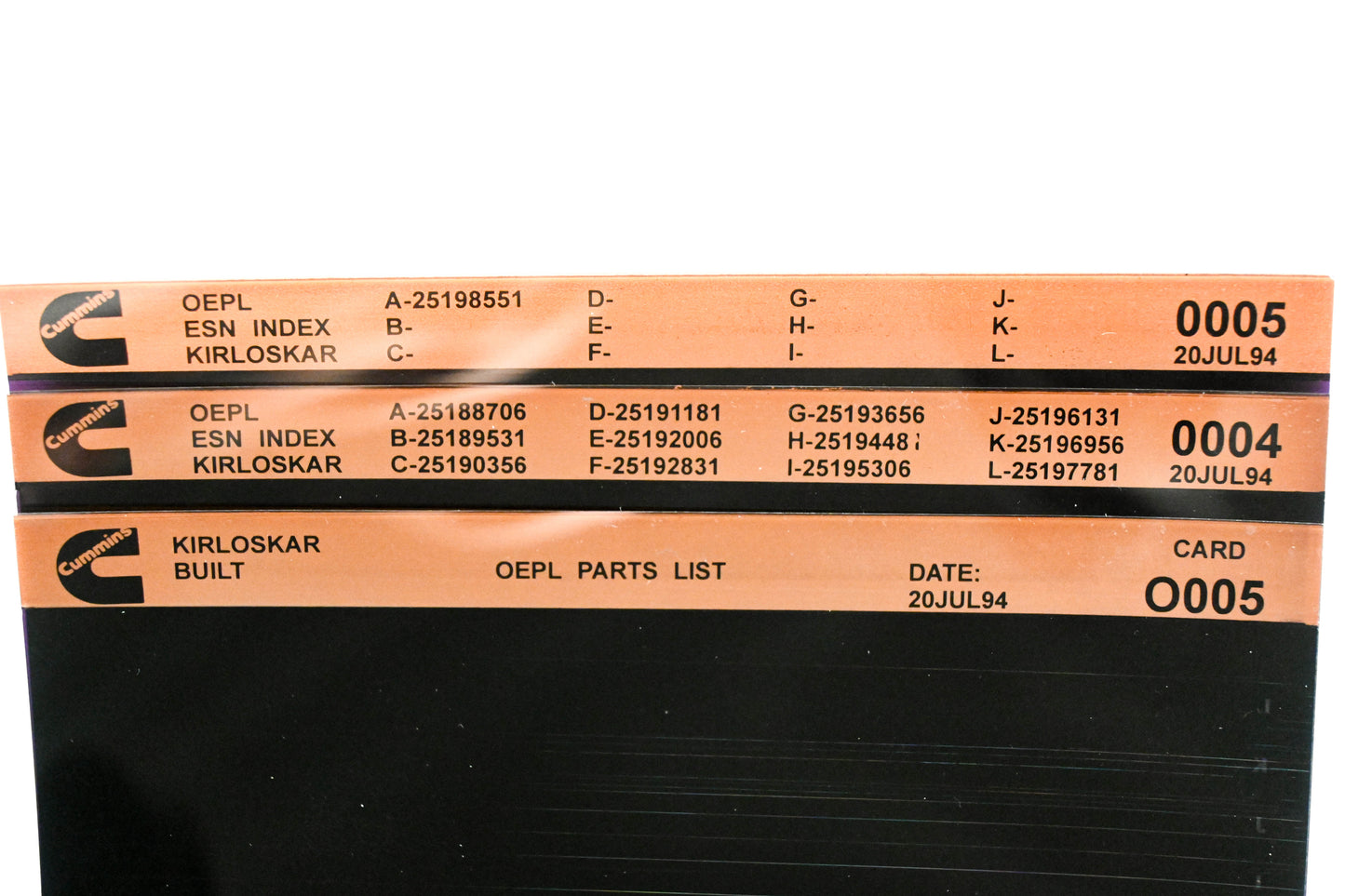Cummins O005, 0004, 0005 1994 Kirloskar OEPL Parts List & ESN Index Lot Of 3 Microfiche NOS