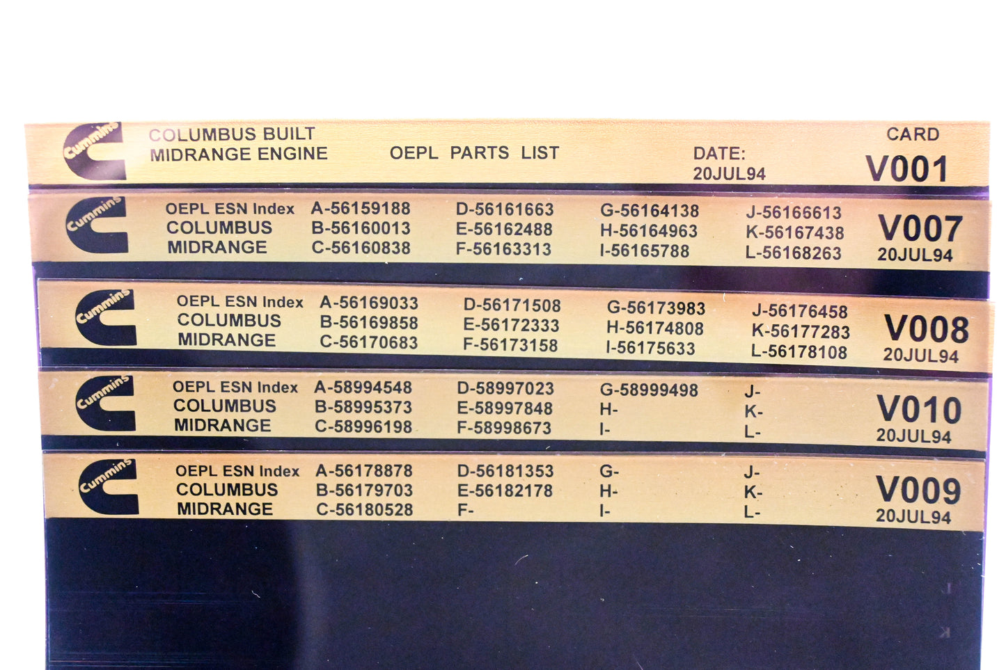 Cummins V001, V007, V010 1994 Columbus Midrange OEPL Parts List & ESN Index Lot Of 5 Microfiche NOS