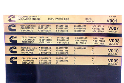 Cummins V001, V007, V010 1994 Columbus Midrange OEPL Parts List & ESN Index Lot Of 5 Microfiche NOS