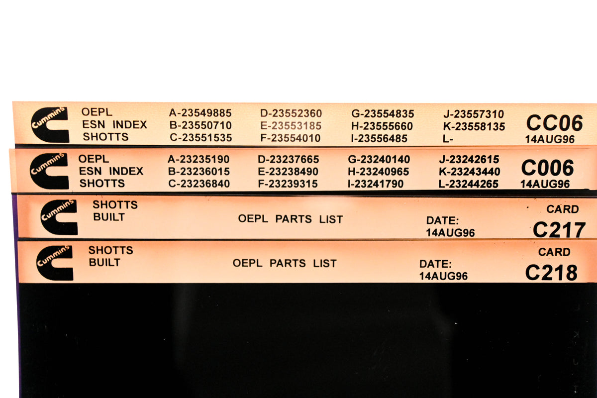 Cummins CC06, C006, C218 1996 Shotts OEPL Parts List & ESN index Lot Of 4 Microfiche NOS