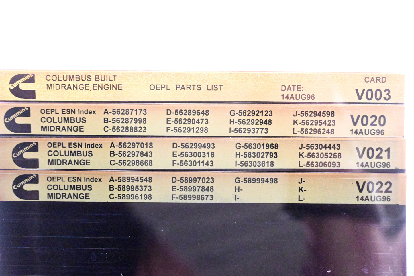 Cummins V003, V020, V022 1996 Columbus Midrange OEPL Parts List & ESN Index Lot Of 4 Microfiche NOS