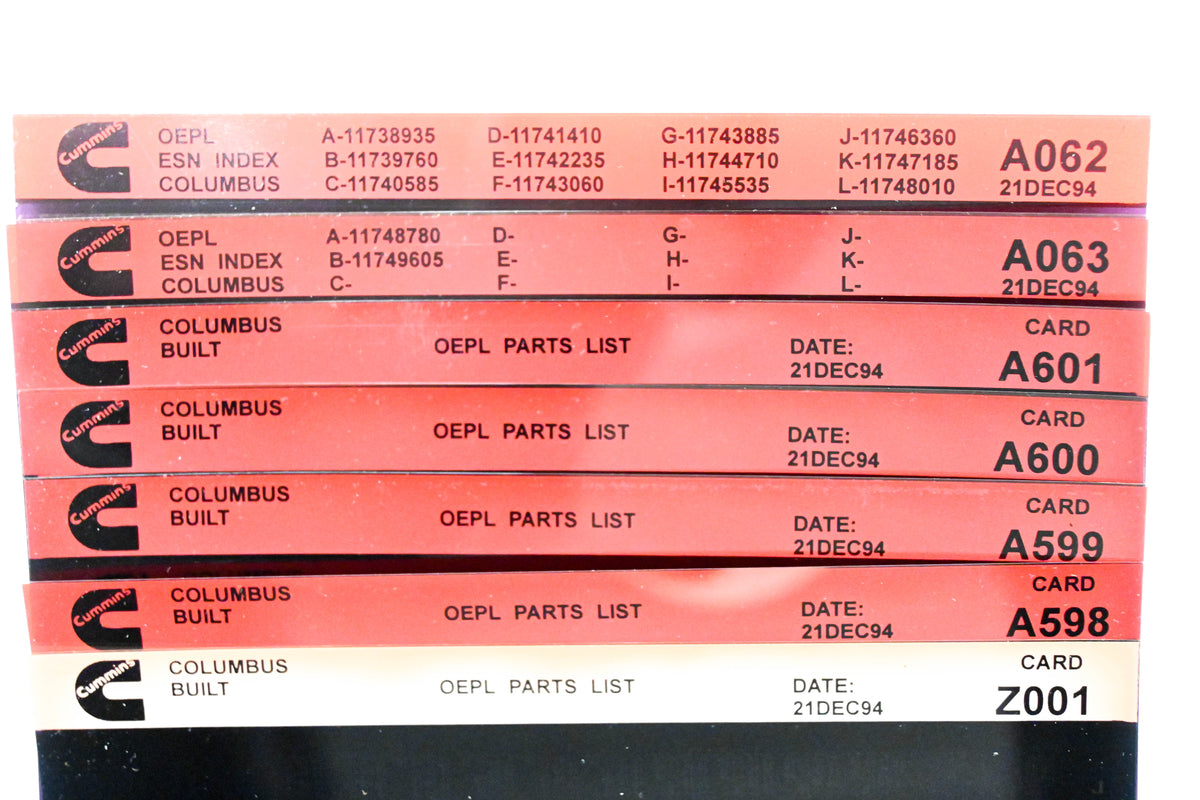 Cummins A062, A598, Z001 1994 Columbus OEPL Parts List & ESN Index Lot Of 7 Microfiche NOS