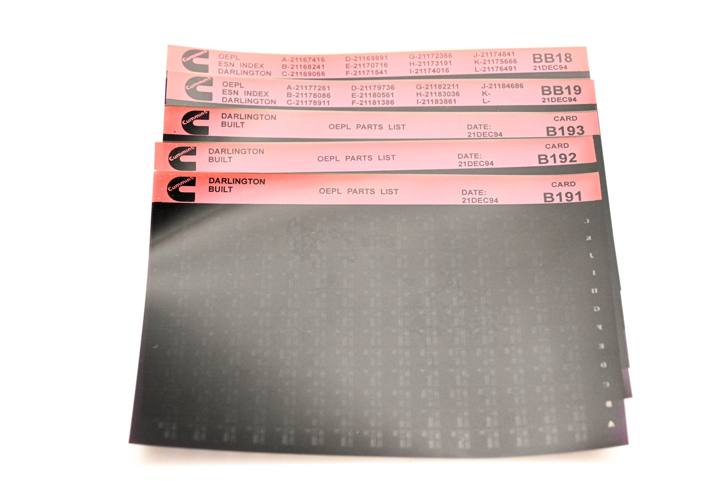 Cummins BB18, B191, B193 1994 Darlington OEPL Parts List & ESN Index Lot Of 5 Microfiche NOS