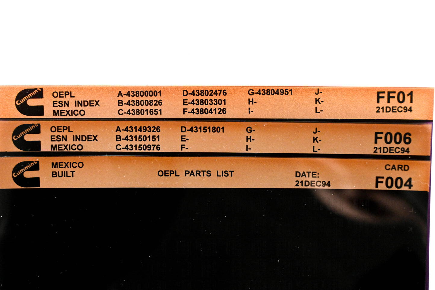 Cummins F004, F006, FF01 1994 Mexico OEPL Parts List & ESN index Lot Of 3 Microfiche NOS