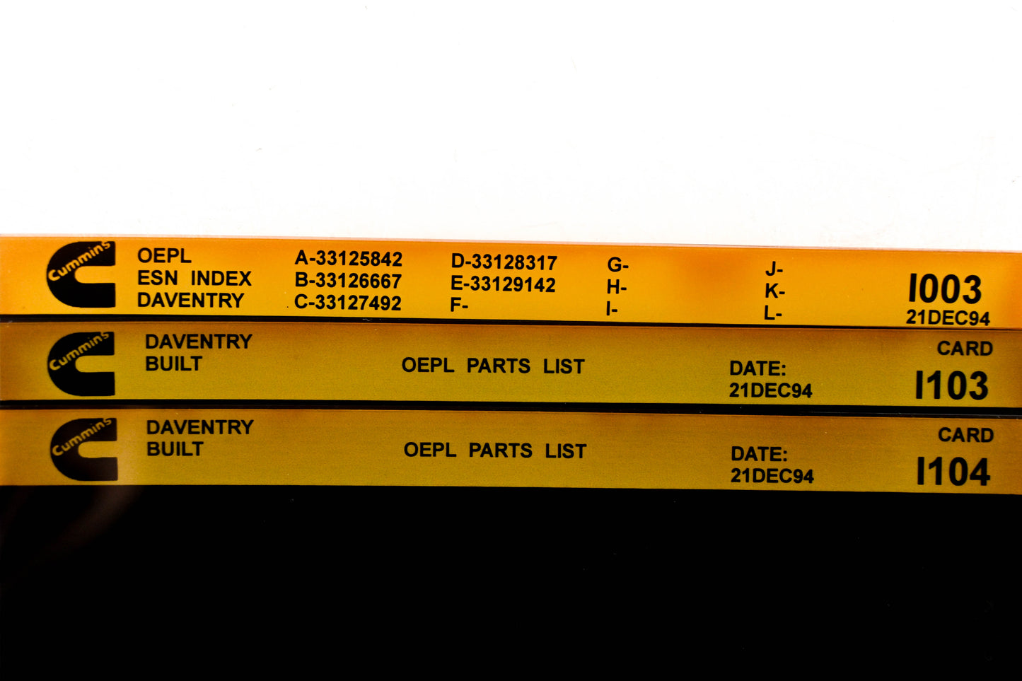 Cummins I003, I103, I104 1994 Daventry OEPL Parts List & ESN Index Lot Of 3 Microfiche NOS