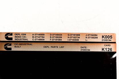 Cummins K005, K126 1994 CIC Industrial OEPL Parts List & ESN Index Lot of 2 Microfiche NOS
