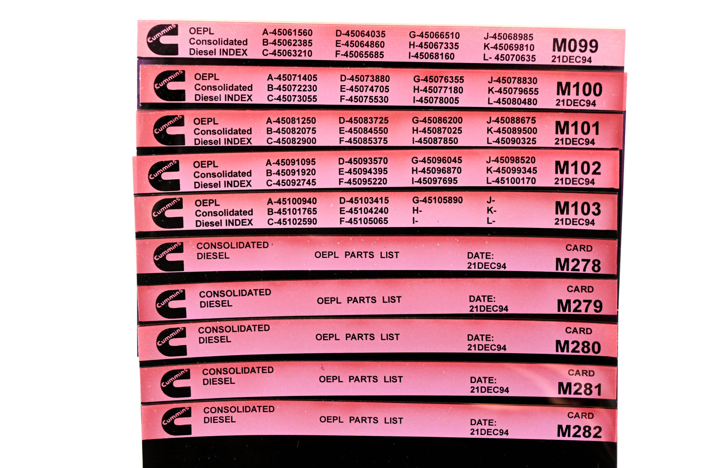 Cummins M099, M278, M282 1994 Consolidated Diesel OEPL Parts List & ESN Index Lot Of 10 Microfiche NOS