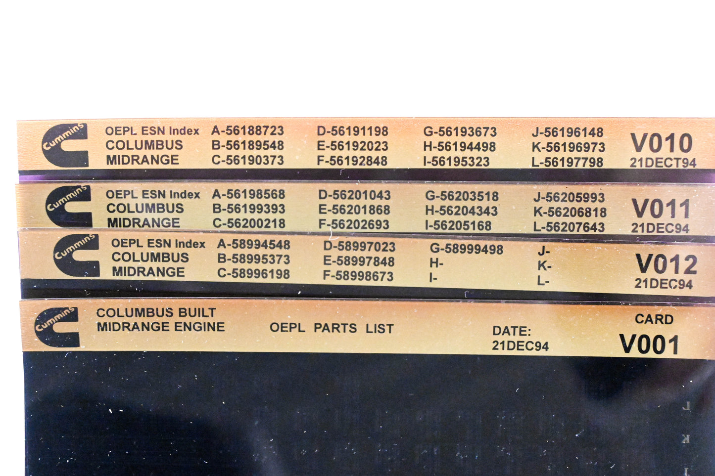 Cummins V001, V010, V012 1994 Columbus Midrange OEPL Parts List & ESN Index Lot Of 4 Microfiche NOS