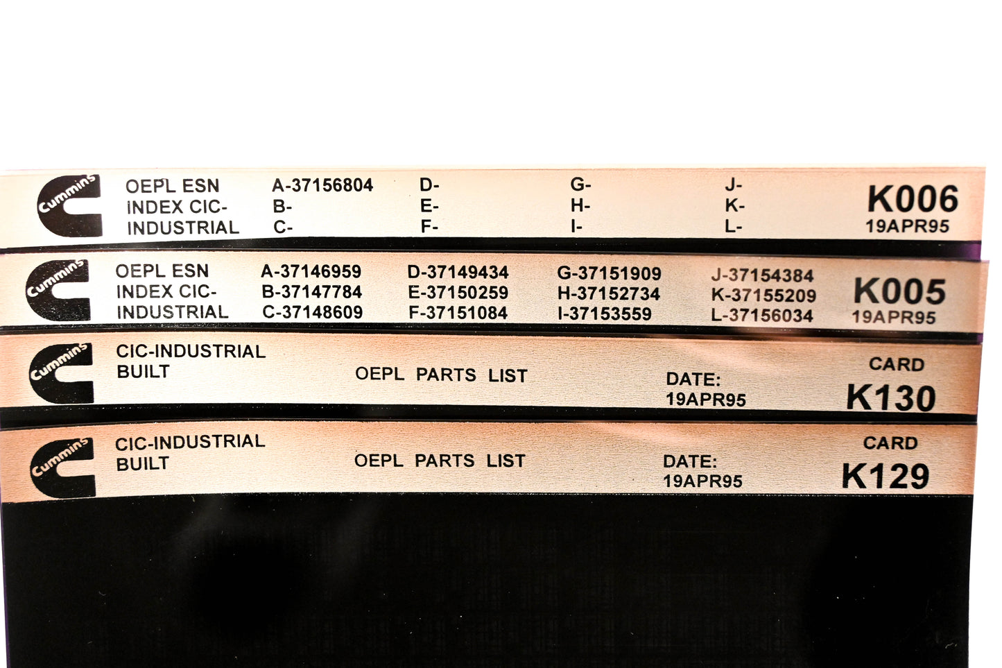 Cummins K005, K129, K130 1995 CIC Industrial OEPL Parts List & ESN Index Lot of 4 Microfiche NOS