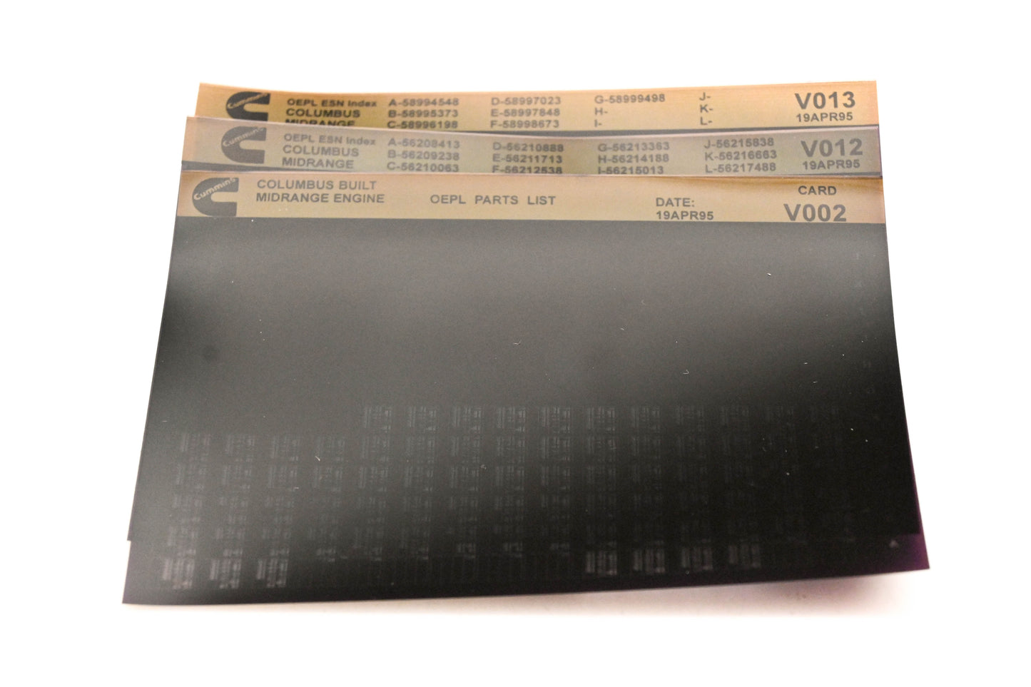Cummins V002, V012, V013 1995 Columbus Midrange OEPL Parts List & ESN Index Lot Of 3 Microfiche NOS