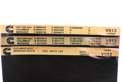Cummins V002, V012, V013 1995 Columbus Midrange OEPL Parts List & ESN Index Lot Of 3 Microfiche NOS