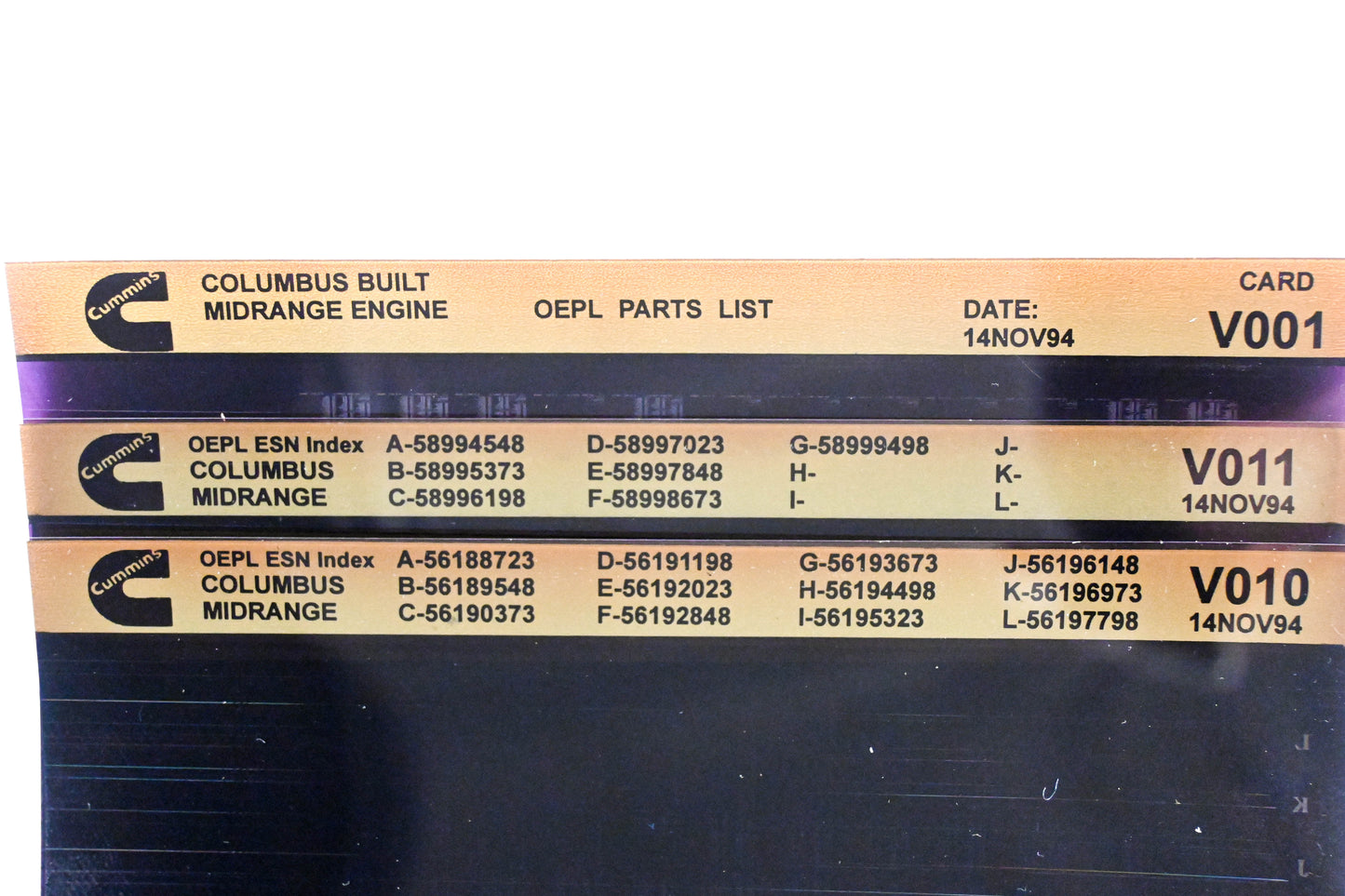 Cummins V001, V010, V011 1994 Columbus Midrange OEPL Parts List & ESN Index Lot Of 3 Microfiche NOS