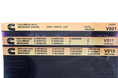 Cummins V001, V010, V011 1994 Columbus Midrange OEPL Parts List & ESN Index Lot Of 3 Microfiche NOS