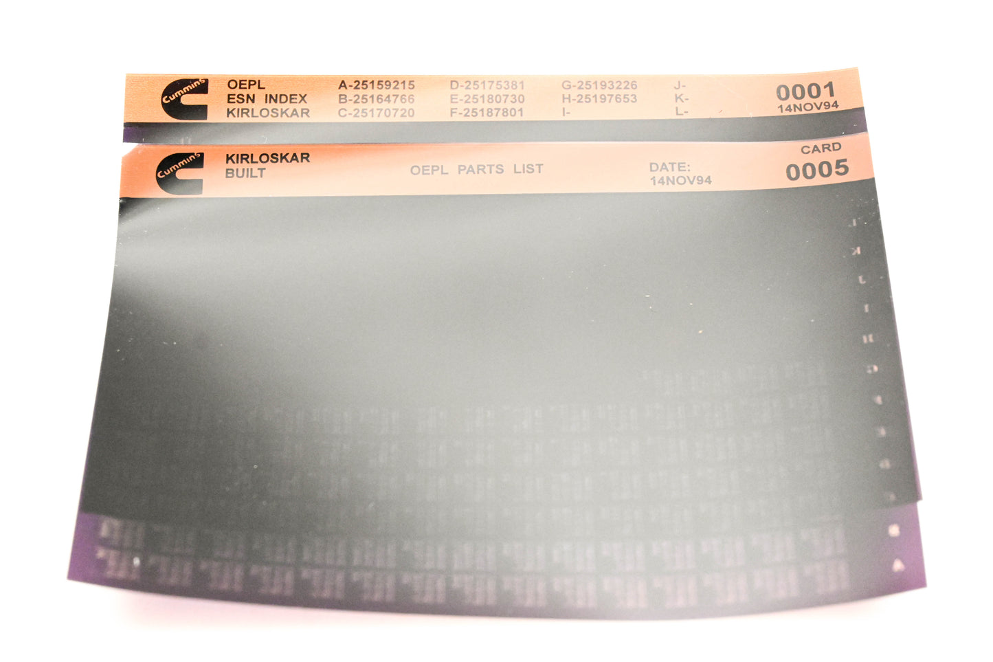 Cummins 0001, 0005 1994 Kirloskar OEPL Parts List & ESN Index Lot of 2 Microfiche NOS