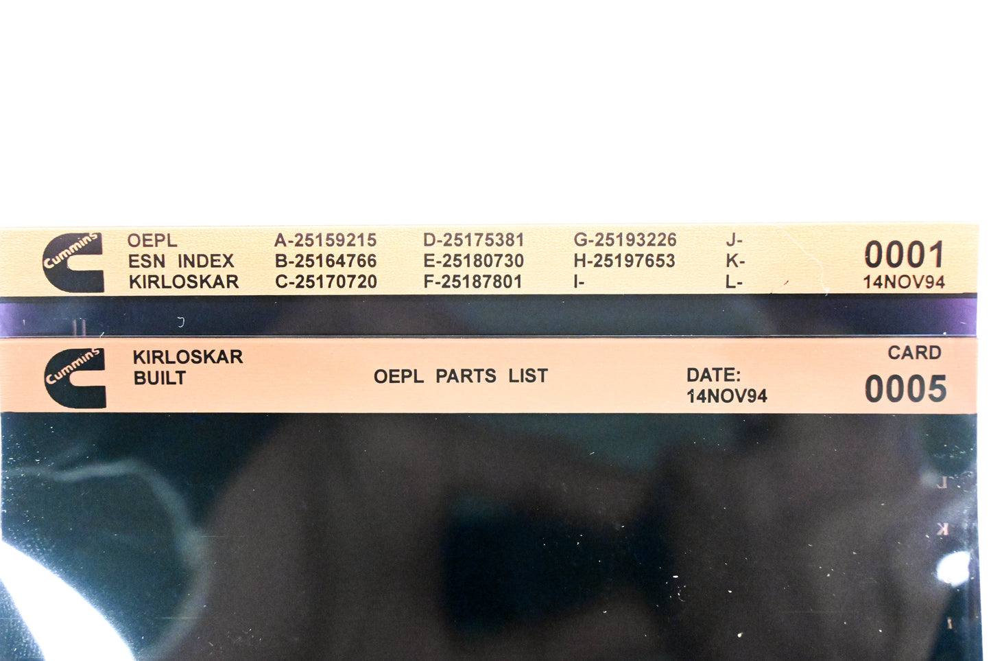Cummins 0001, 0005 1994 Kirloskar OEPL Parts List & ESN Index Lot of 2 Microfiche NOS