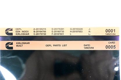 Cummins 0001, 0005 1994 Kirloskar OEPL Parts List & ESN Index Lot of 2 Microfiche NOS