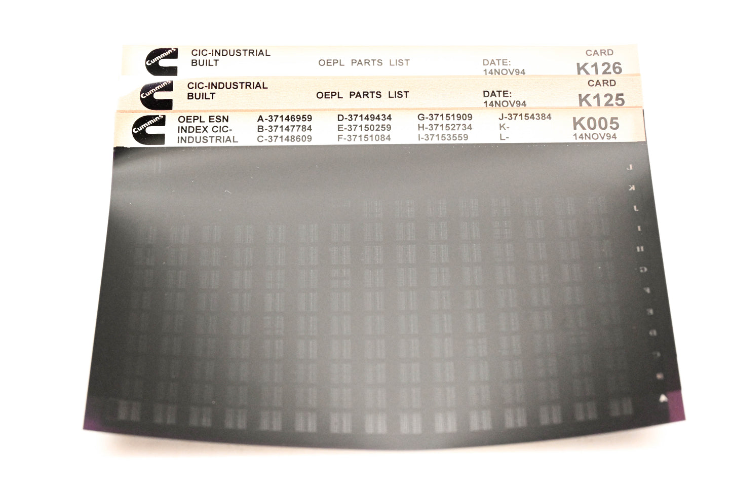 Cummins K005, K125, K126 1994 CIC Industrial OEPL Parts List & ESN Index Lot Of 3 Microfiche NOS