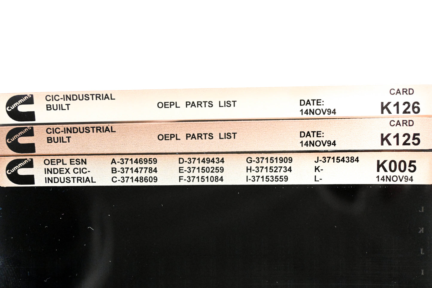 Cummins K005, K125, K126 1994 CIC Industrial OEPL Parts List & ESN Index Lot Of 3 Microfiche NOS