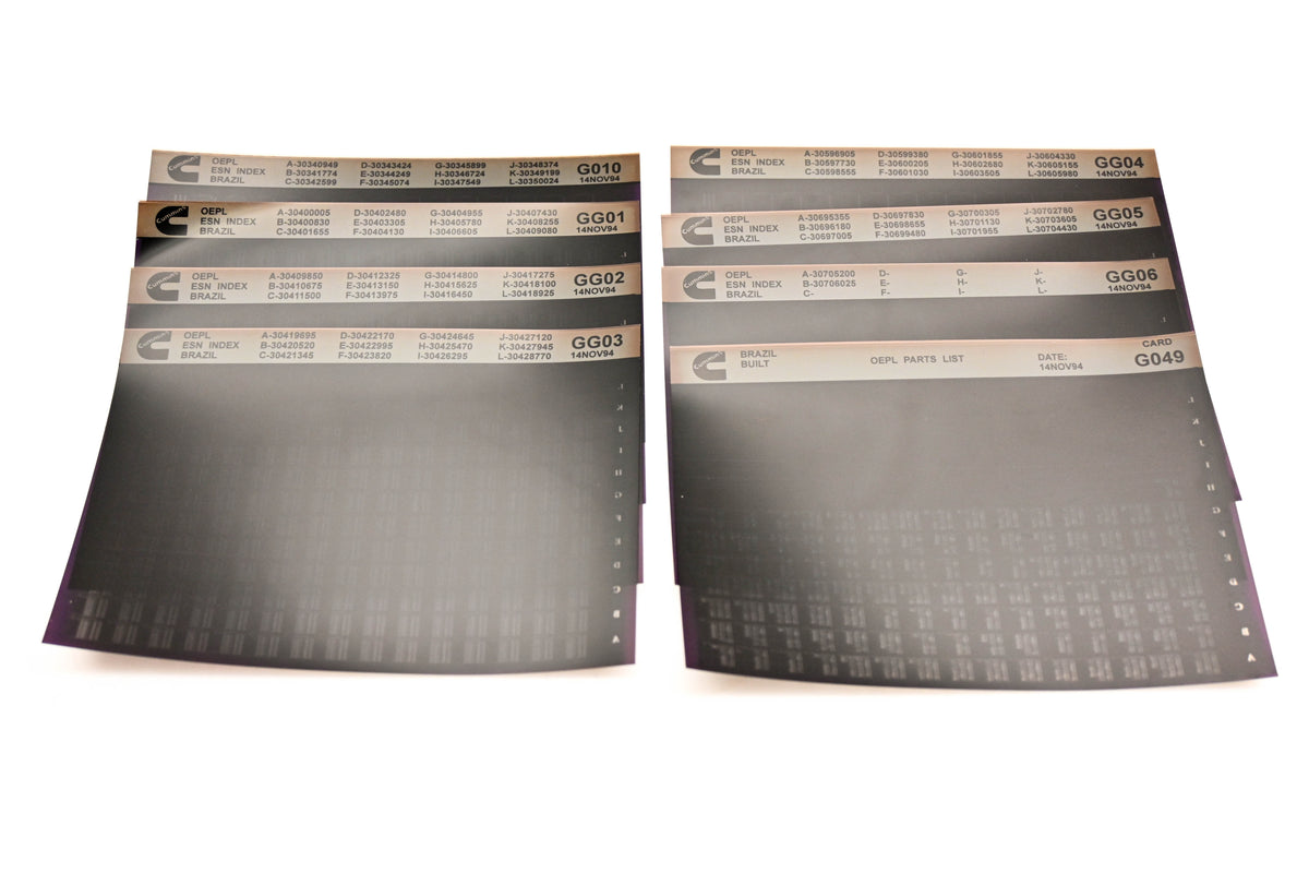 Cummins G010, GG01, G049 1994 Brazil OEPL Parts List & ESN Index Lot Of 8 Microfiche NOS