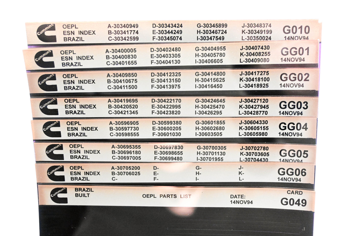 Cummins G010, GG01, G049 1994 Brazil OEPL Parts List & ESN Index Lot Of 8 Microfiche NOS