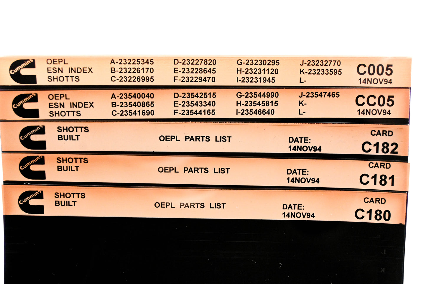 Cummins C005, CC05, C182 1994 Shotts OEPL Parts List & ESN Index Lot Of 5 Microfiche NOS