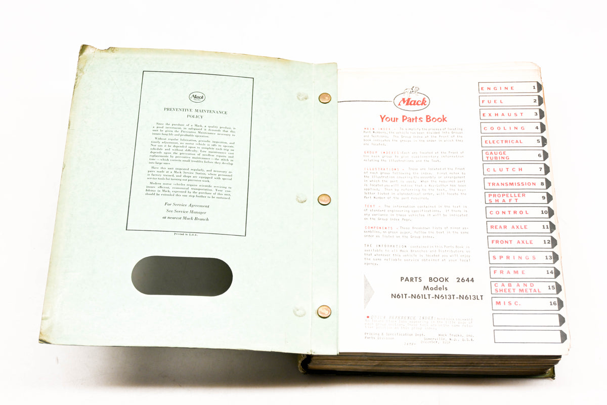 Mack 2644 1958 Model N61T-N61LT-N613T-N613LT Parts List Manual