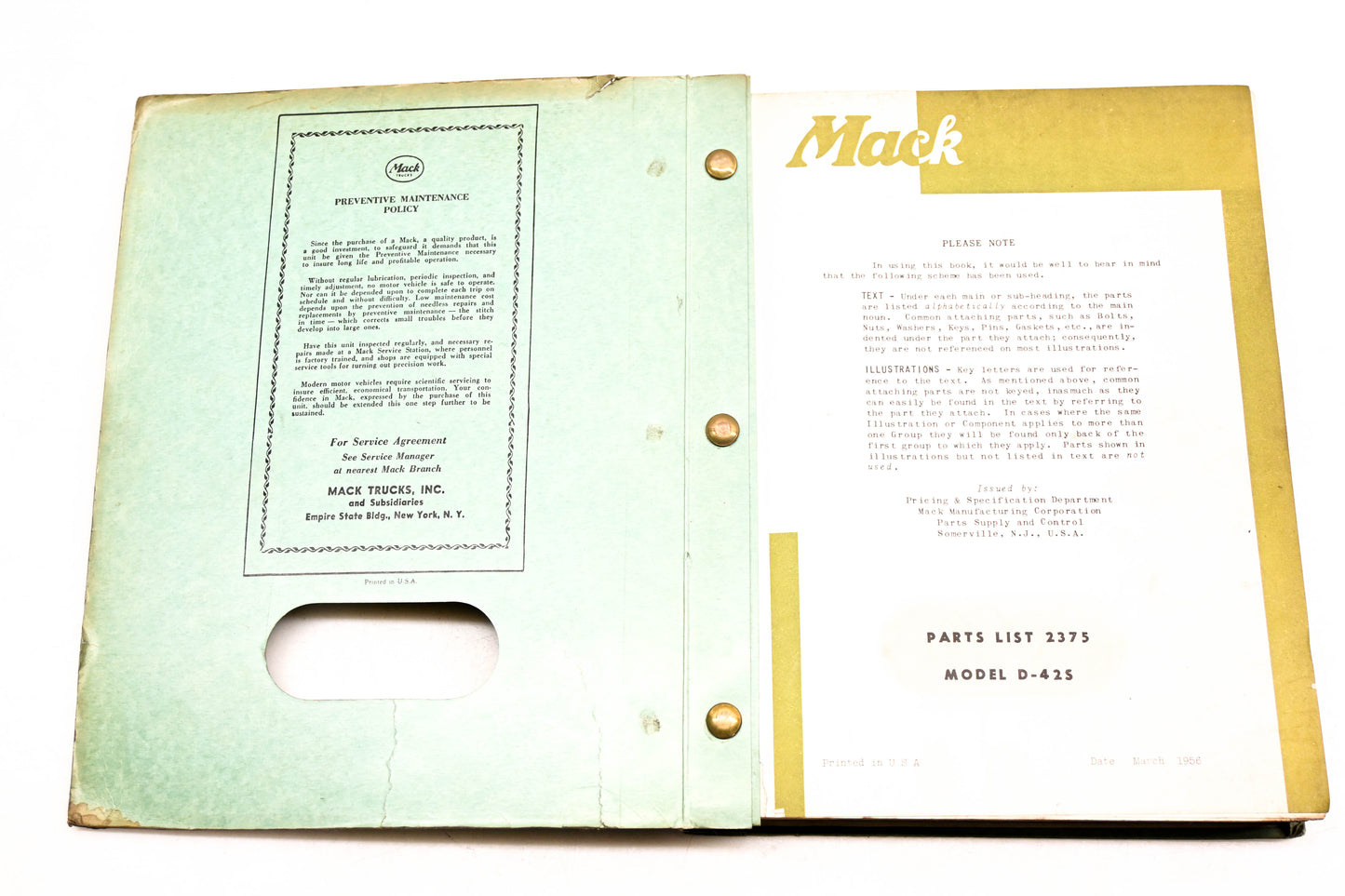 Mack 2375 1956 Model D-42S Parts List Manual