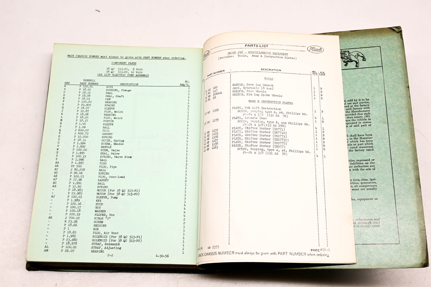 Mack 2375 1956 Model D-42S Parts List Manual
