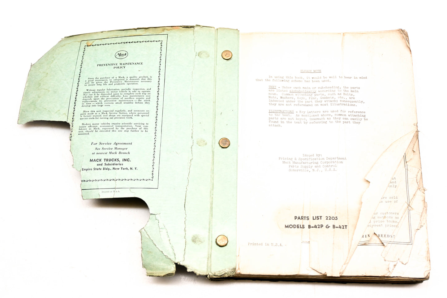 Mack 2205 1953 Model B-42P B-42T Parts List Manual