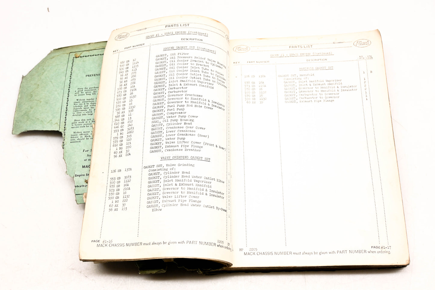 Mack 2205 1953 Model B-42P B-42T Parts List Manual