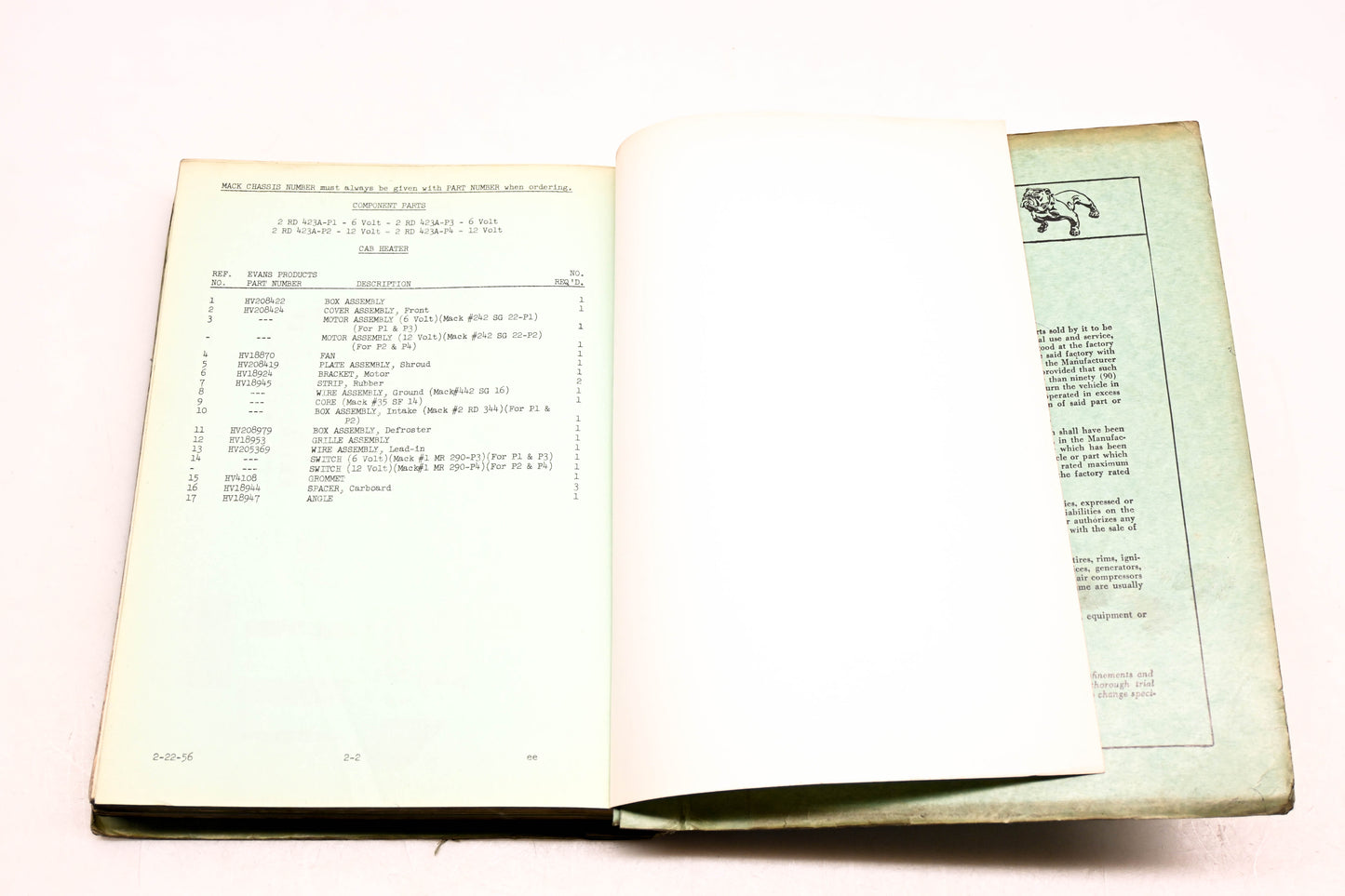Mack 2385 1956 Model B-421S Parts List Manual