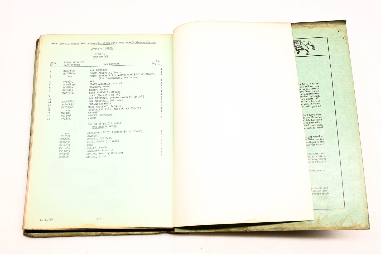 Mack 2388 1955 Model B653LT Parts List Manual