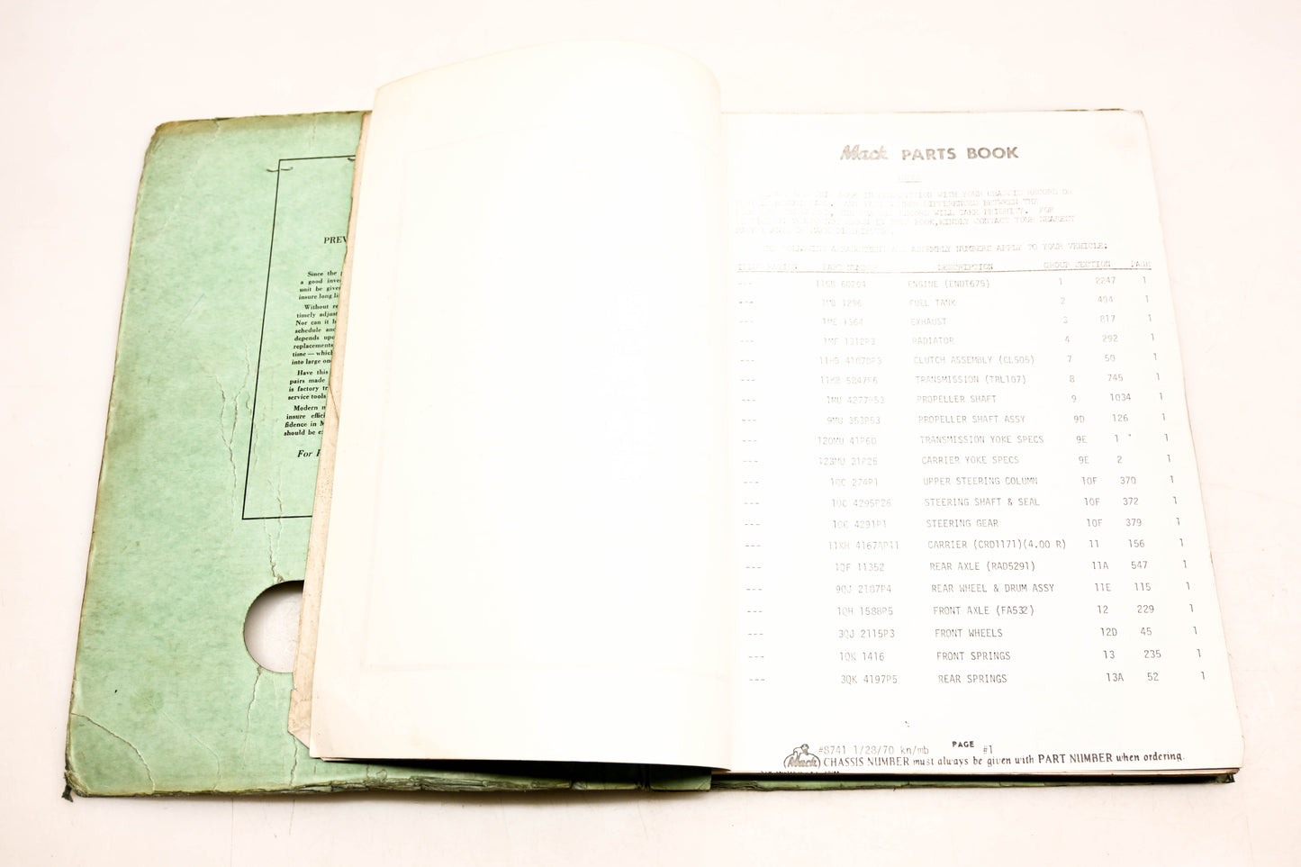Mack 8741 1970 Model U685T Parts List Manual