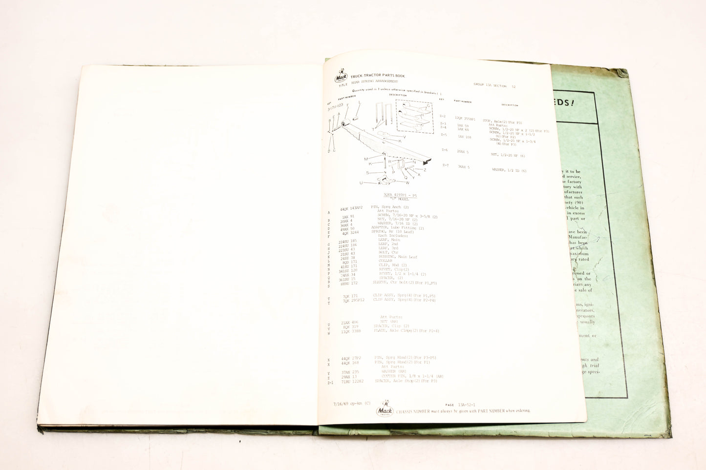Mack 8741 1970 Model U685T Parts List Manual