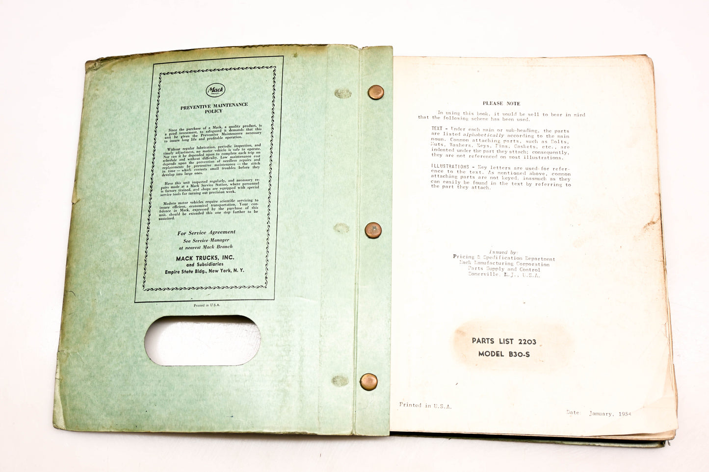 Mack 2203 1954 Model B30-S Parts List Manual