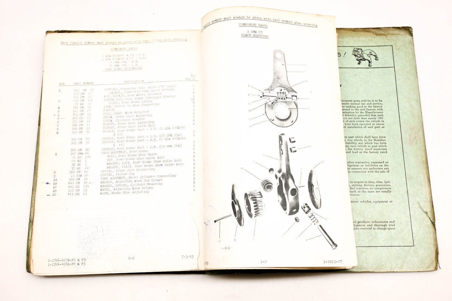 Mack 2203 1954 Model B30-S Parts List Manual
