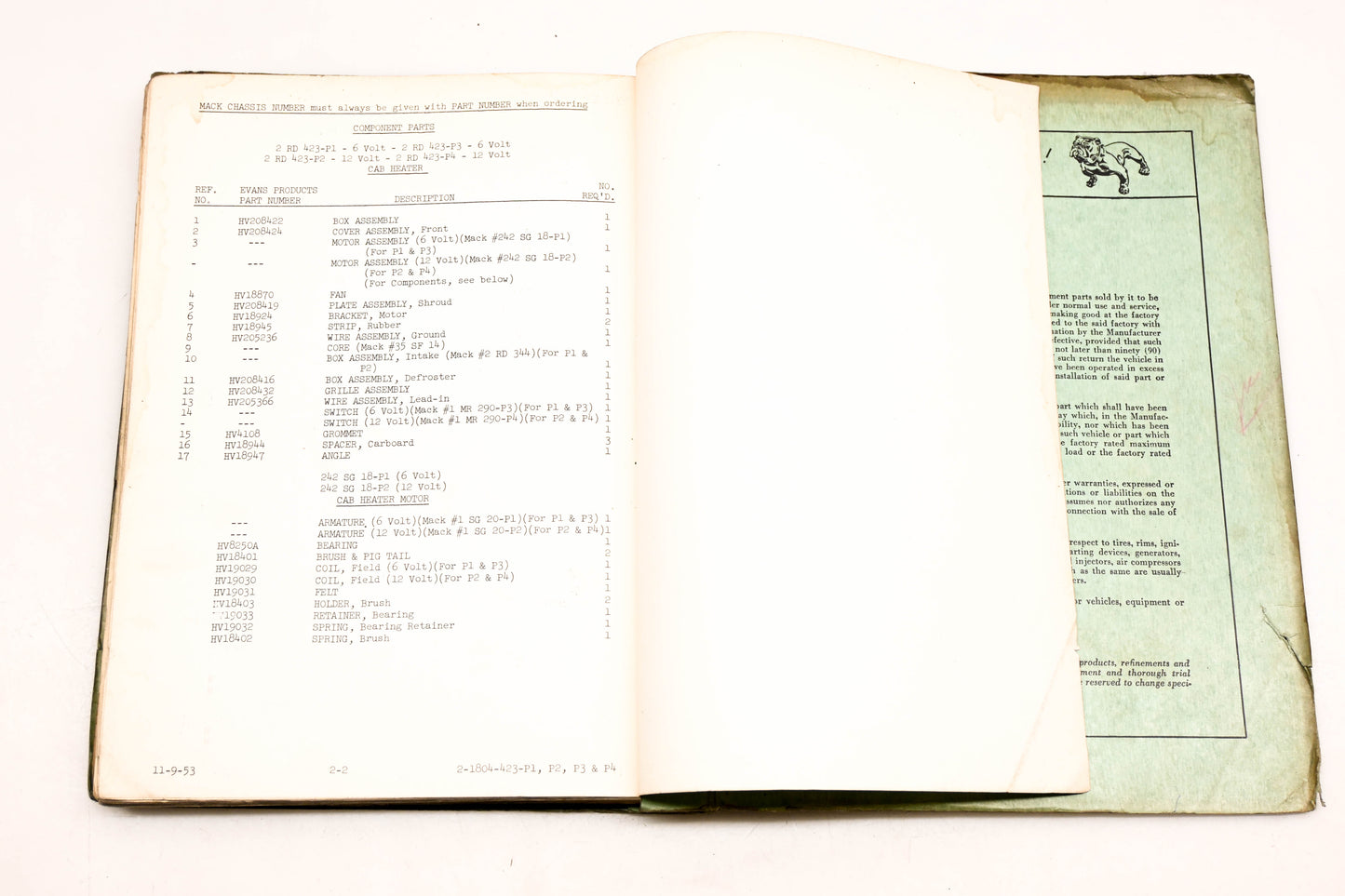 Mack 2203 1954 Model B30-S Parts List Manual