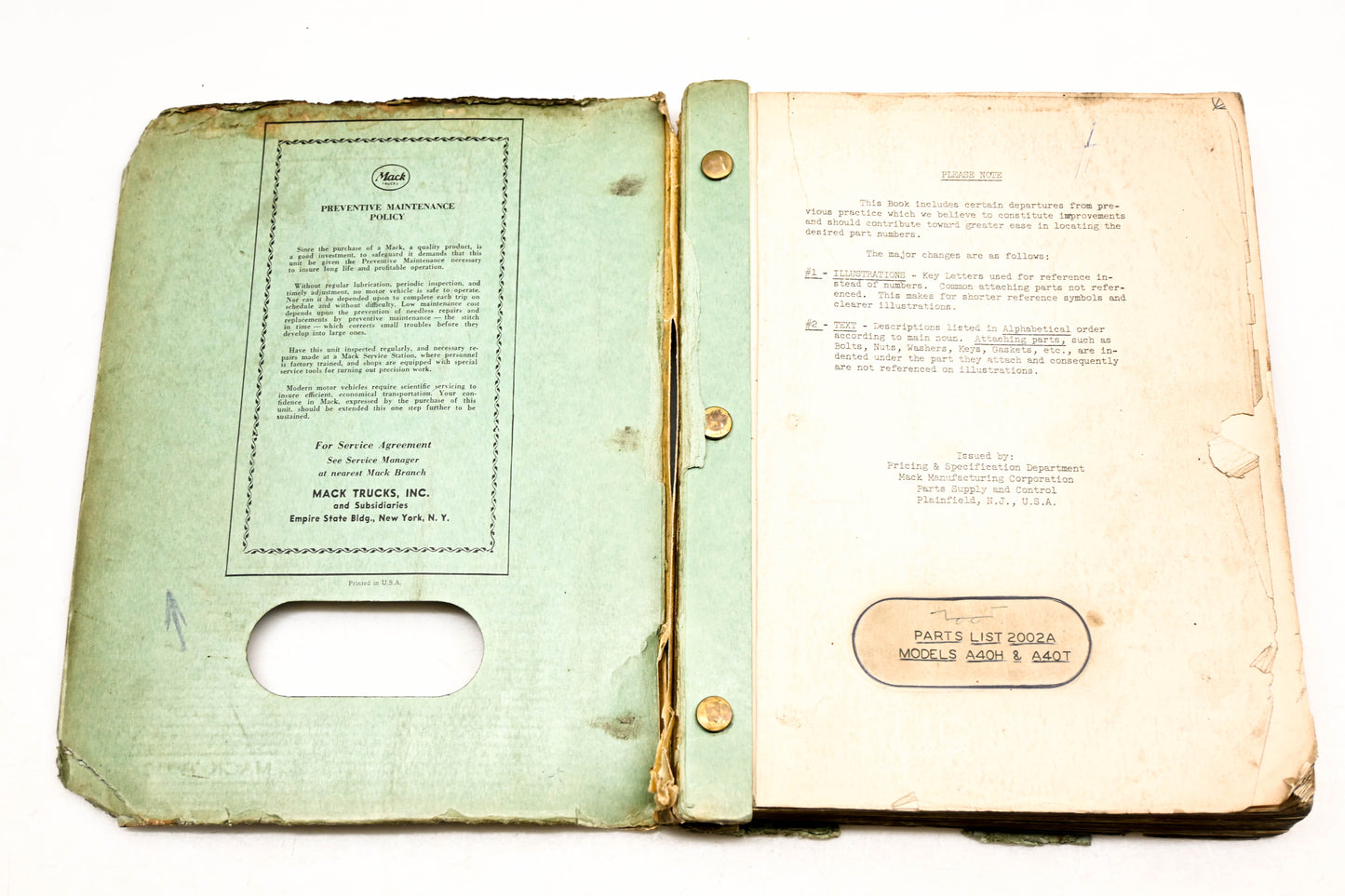 Mack 2002A 1951 Model A40H A40T Parts List Manual