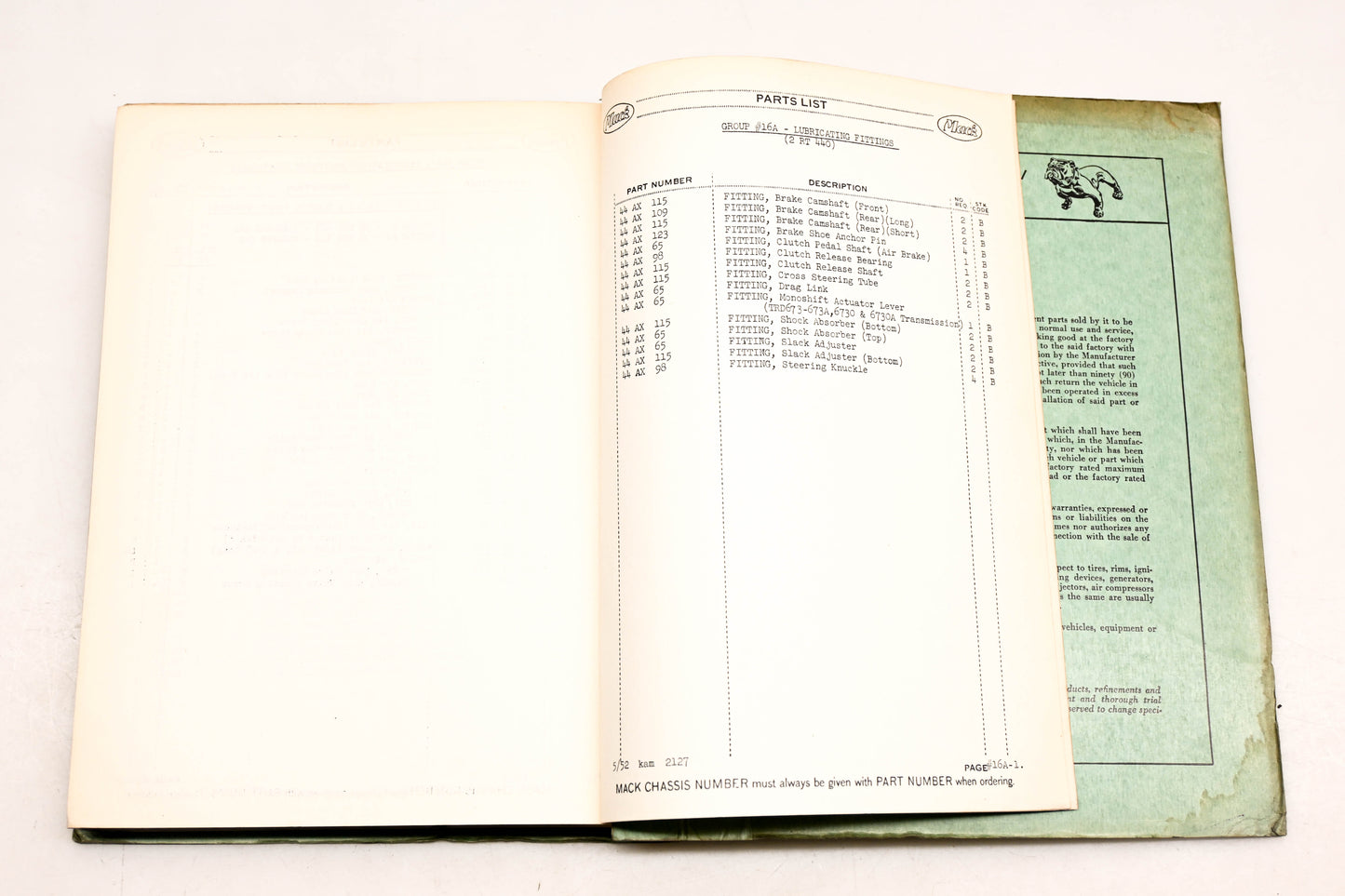 Mack 2127 1952 Model A-54T Parts List Manual