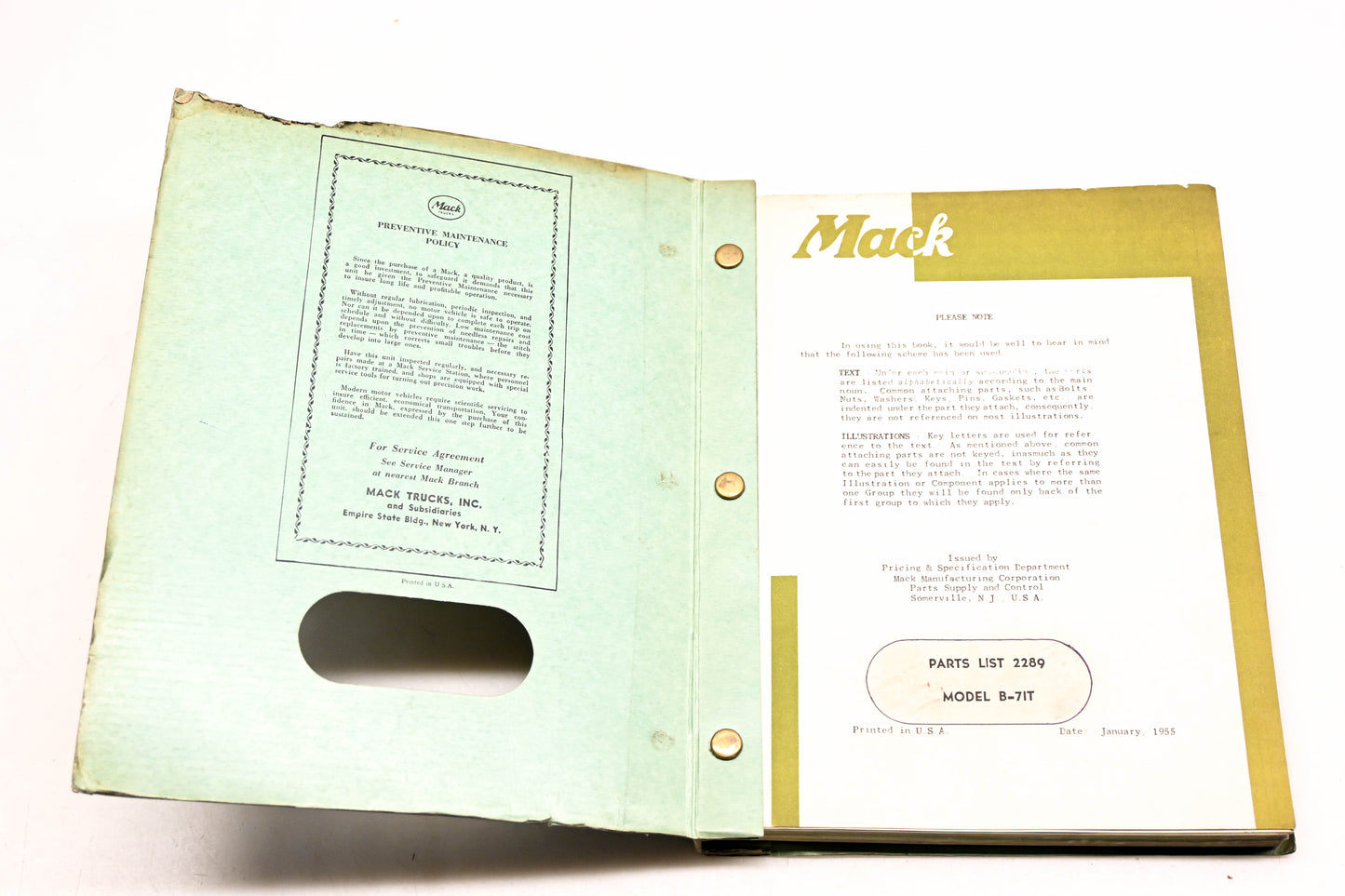 Mack 2289 1955 Model B-71T Parts List Manual