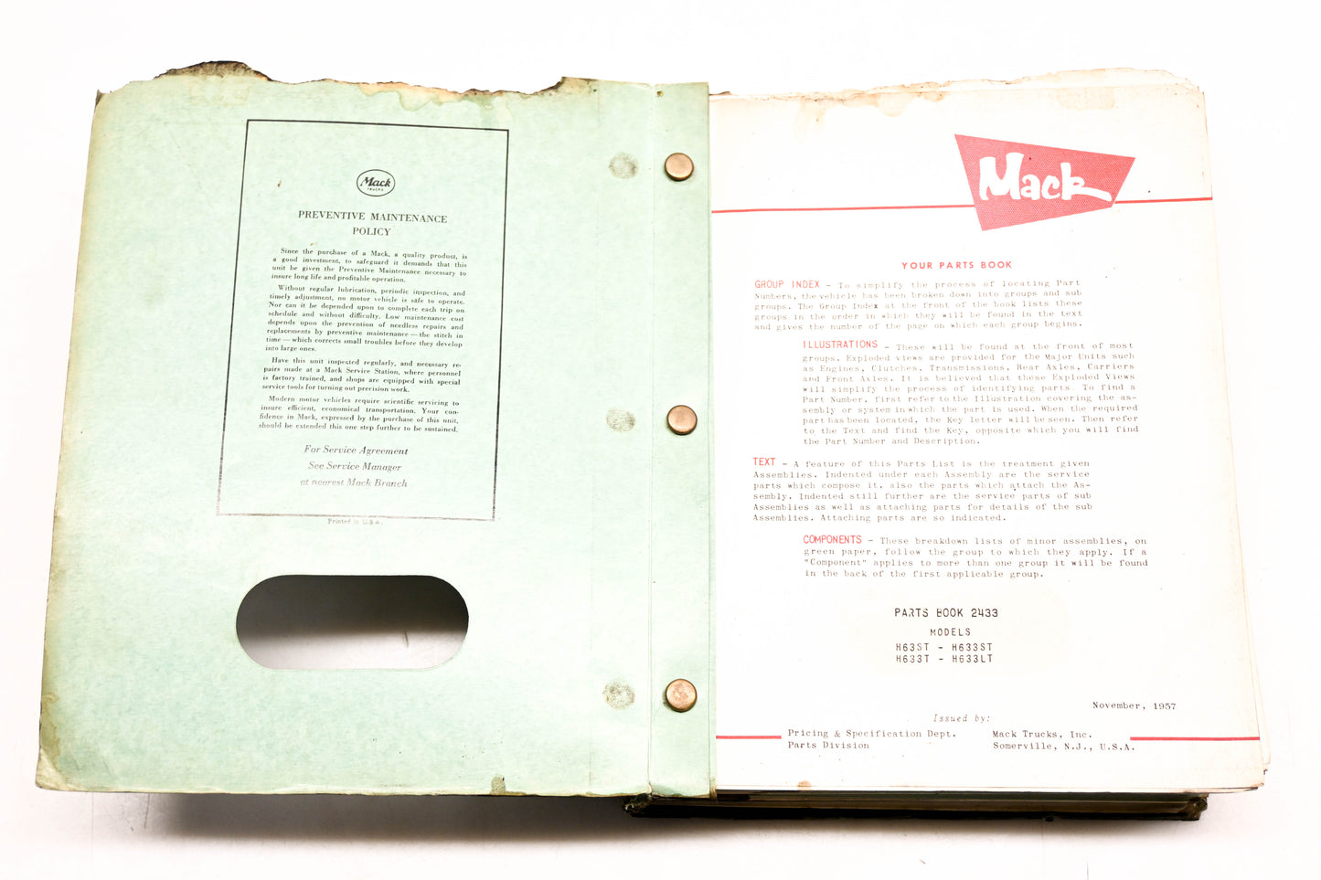 Mack 2433 1957 Model H63ST/H633ST/H633T/H633LT Parts List Manual