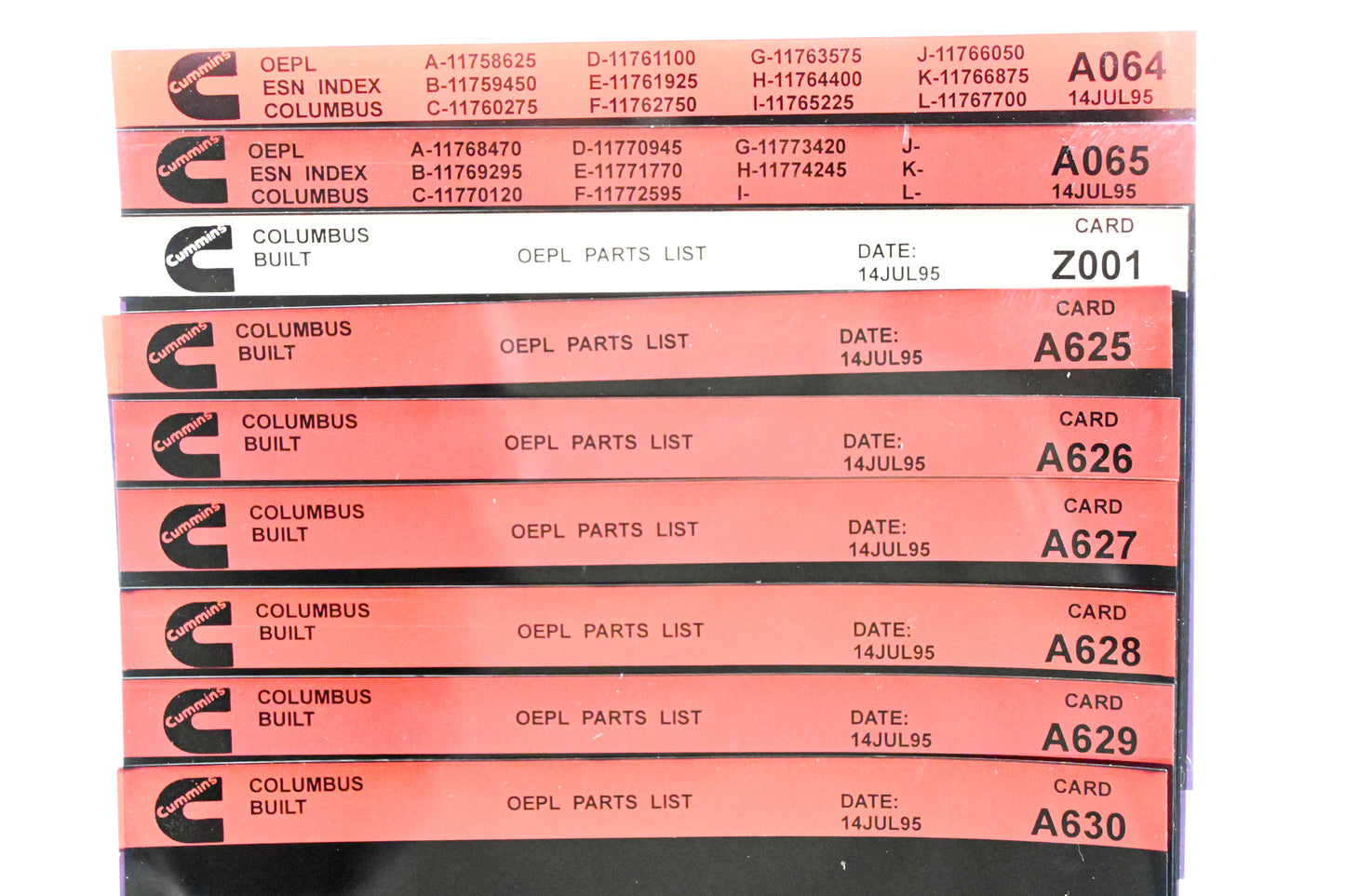 Cummins A064, A625, Z001 1995 Columbus OEPL Parts List & ESN Index Lot Of 9 Microfiche NOS