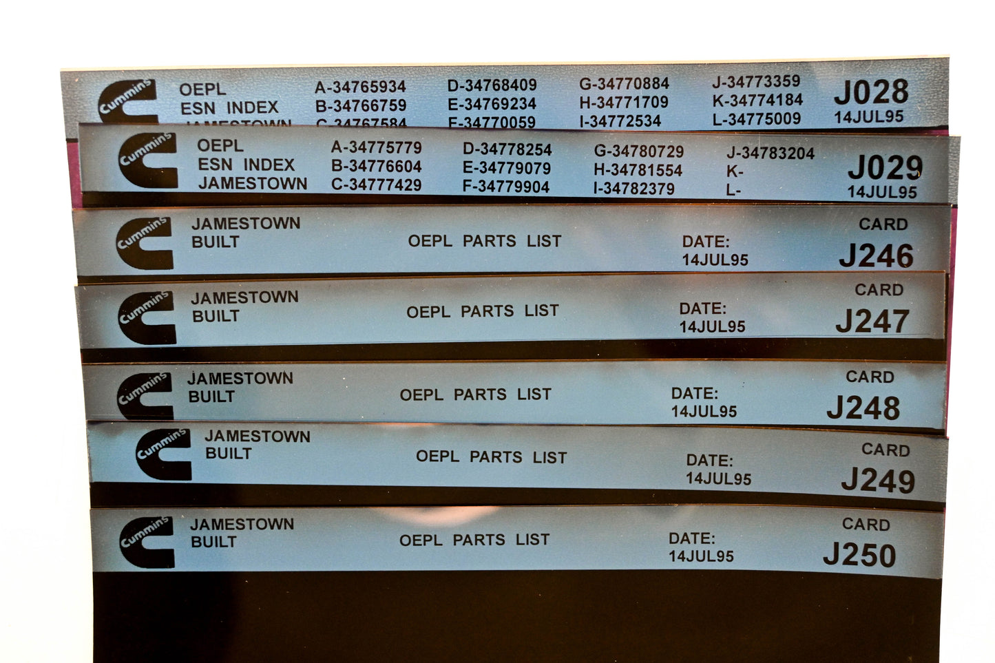 Cummins J028, J246, J250 1995 Jamestown OEPL Parts List & ESN Index Lot Of 7 Microfiche NOS